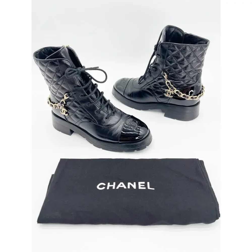 Chanel Black Quilted Patent Cap Toe Leather CC Chain Ankle Combat Boots EU 39.5